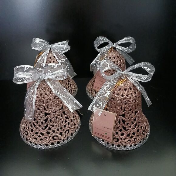 Holiday Hanging Bell Ornament Decorations Set of 4 Plastic Rose Gold/Glitter 6" - Picture 4 of 10